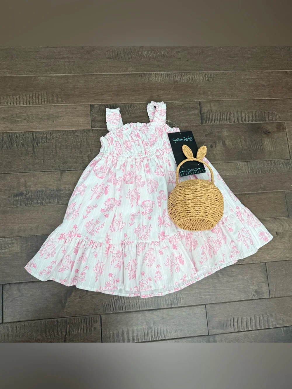 Cynthia Rowley Easter Dress Girls 4T Pink Bunnies Rabbits Spring with Basket
